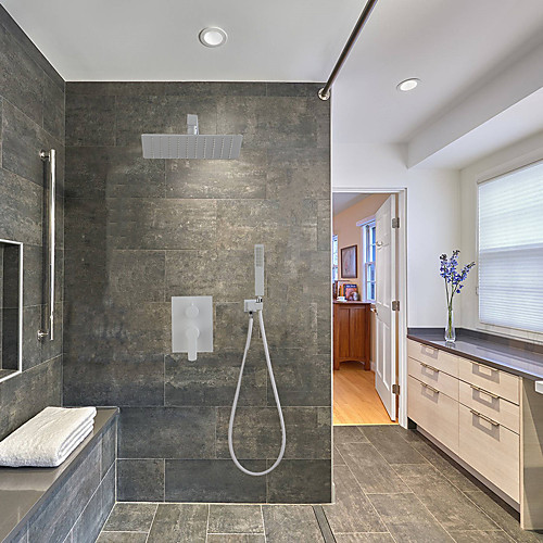 

2525cm White Shower Faucets Sets Complete with Stainless Steel Shower Head and Solid Brass Handshower Ceiling Mounted Rainfall Shower Head System(Contain Shower Faucet Rough-in Valve Body and Trim)
