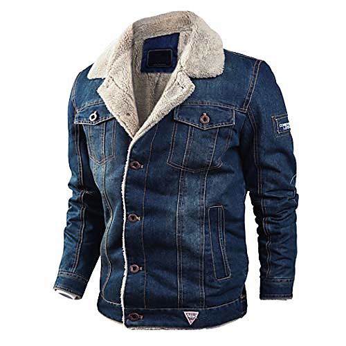 

men's classic fur collar button denim jacket warm sherpa lined jean coats darkblue s