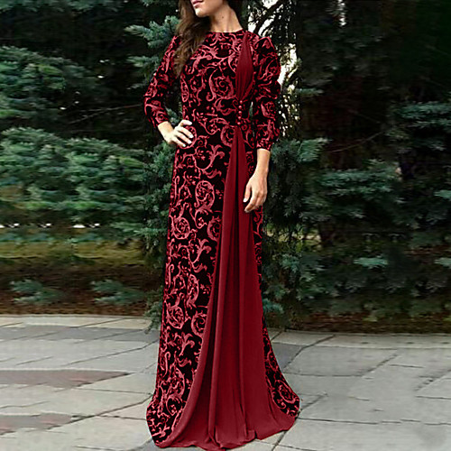 

Women's Sheath Dress Maxi long Dress Black Blue Wine Brown Long Sleeve Print Print Fall Round Neck Elegant Vintage Christmas 2021 S M L XL XXL 3XL 4XL 5XL