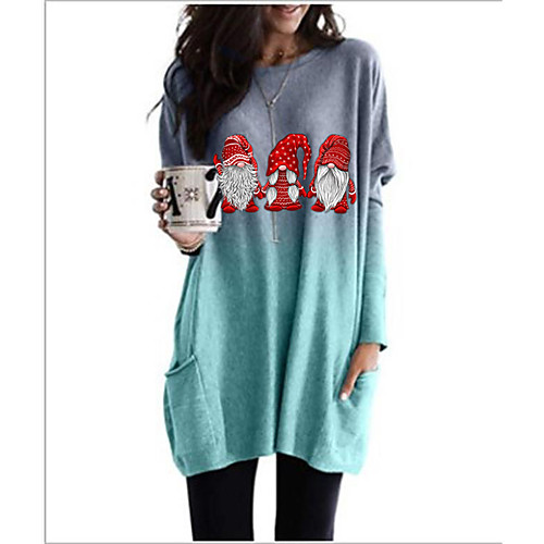 

Women's Christmas T shirt Color Gradient Graphic Prints Long Sleeve Patchwork Print Round Neck Tops Christmas Basic Top Blue Purple Orange