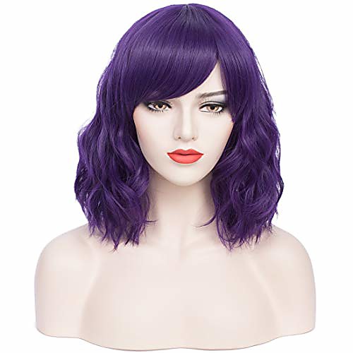 

14 inches short wavy curly purple wig with bangs for women rose net wig cosplay halloween party wigs (dark purple)