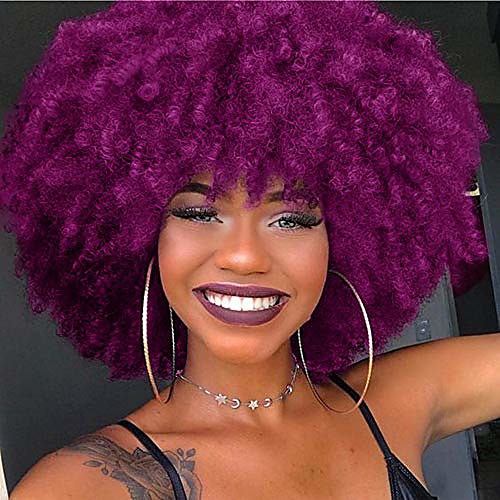

curly afro wig with bangs magenta purple synthetic kinky curly wig heat resistant wigs african shoulder length short wig curly full wigs for women