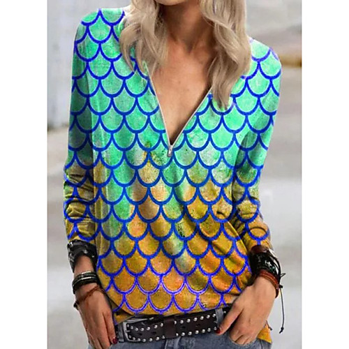 

Women's Blouse Shirt Color Gradient Color Block Long Sleeve Patchwork Print V Neck Tops Cotton Basic Top Blue Purple Red