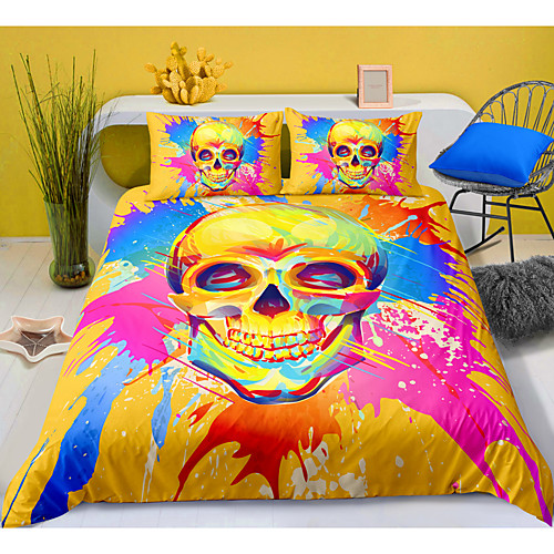 

Skull Series Colorful Ink Print 3-Piece Duvet Cover Set Hotel Bedding Sets Comforter Cover with Soft Lightweight Microfiber For Room Decoration(Include 1 Duvet Cover and 1or 2 Pillowcases)