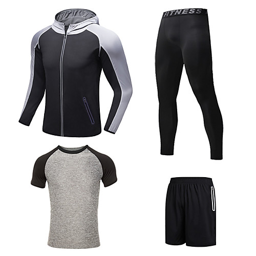 

Men's Patchwork Tracksuit Activewear Set Athletic 4pcs Short Sleeve Moisture Wicking Quick Dry Breathable Fitness Gym Workout Running Walking Jogging Sportswear Normal Black Blue Grey Front Zipper