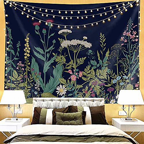 

plant tapestry floral tapestry nature tapestry indian bohemian botanical wild flower tapestry vintage dark blue aesthetic tapestry wall hanging for bedroom living room dorm. (59 l51 w)