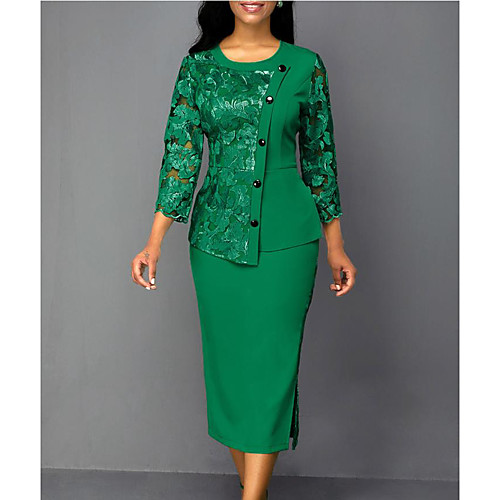 

Women's Shift Dress Knee Length Dress Blue Wine Green Long Sleeve Print Solid Color Mesh Lace Print Fall Winter Round Neck Formal 2021 S M L XL XXL 3XL 4XL 5XL