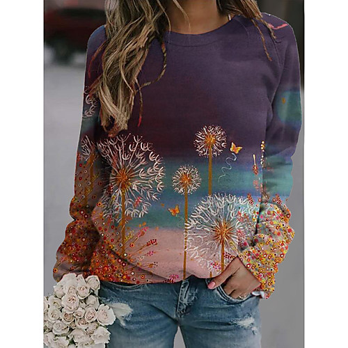 

Women's Tunic Color Block Floral Long Sleeve Patchwork Print Round Neck Tops Basic Top Blue Purple