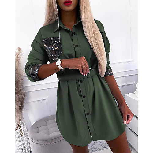 

Women's Shirt Dress Short Mini Dress Yellow Khaki Green Long Sleeve Solid Color Leopard Fall Spring Casual 2021 S M L XL XXL 3XL