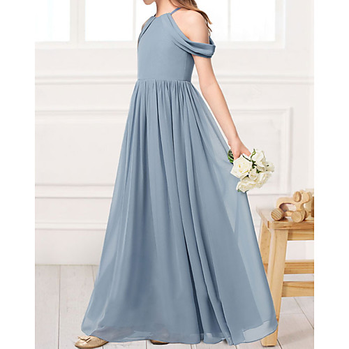 

A-Line Halter Neck Floor Length Chiffon Junior Bridesmaid Dress with Pleats