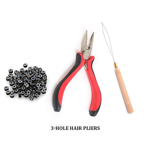 

Micro Links Hair Extension Kit Tool 200 Pcs Micro Ring Beads(Black Blonde and Brown) 1 3-Hole Hair Plier 1 Hook Needle Pulling Loop