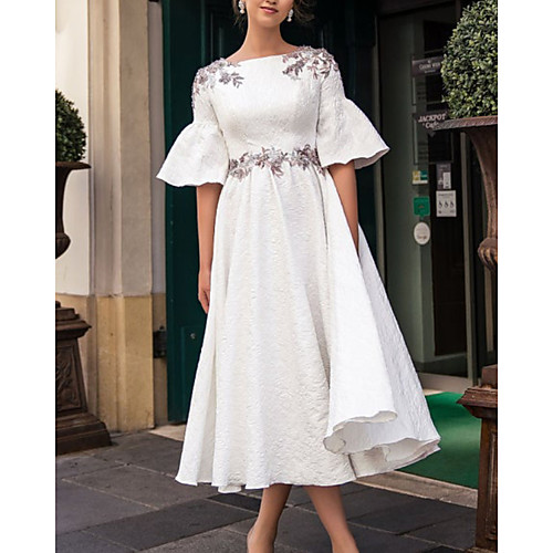 

A-Line Elegant Floral Engagement Prom Dress Jewel Neck Half Sleeve Ankle Length Satin with Appliques 2021