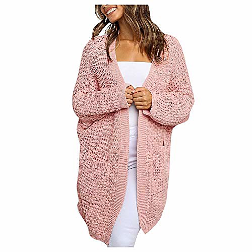 

womens knit cardigan boho patchwork hoodie long sleeve open front knit sweaters coat with pockets pink