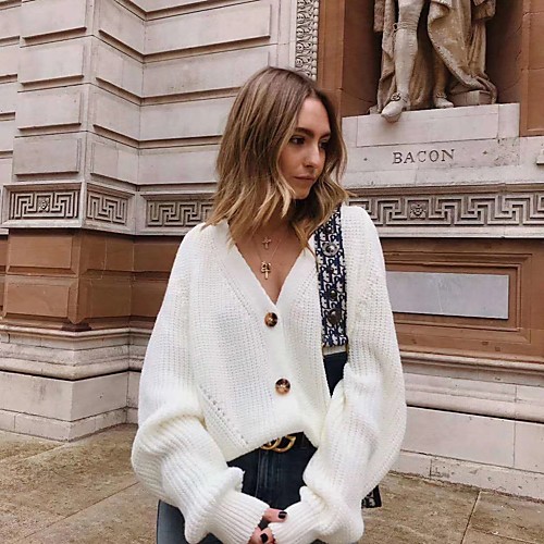 

Women's Solid Color Cardigan Cotton Long Sleeve Sweater Cardigans V Neck White Black Blue