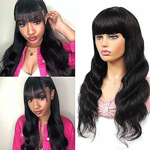 

12 inch short body wave human hair wig with bangs 130% density none lace front glueless wavy wig with bangs human hair full machine made virgin hair wig with bangs for black women natural color