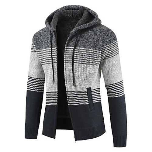 

Men's Knitted Color Block Cardigan Long Sleeve Sweater Cardigans Hooded Fall Winter Blue Red Light gray