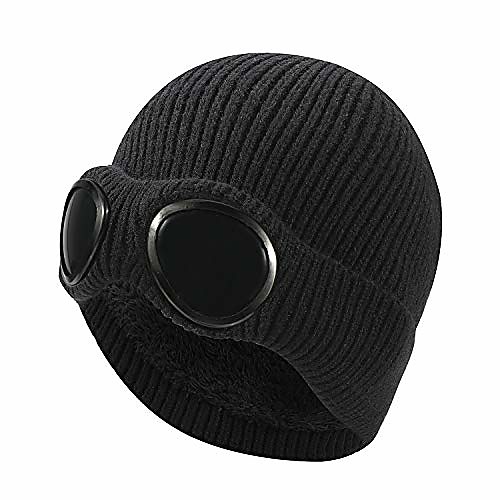 

winter warm knitted beanie hat, windproof thermal soft fleece lining skiing hiking running beanie with detachable goggles, slouchy thick skull cap for men women adults outdoor sport