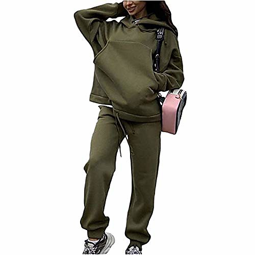 

women two pieces sweatsuit warm long sleeve drawstring hoodie solid color loose sportswear set cowl neck tracksuits for sport gym jogging yog s - 2xl green