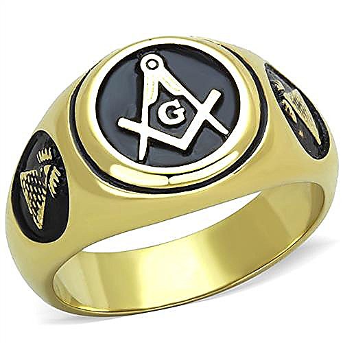 

stainless steel masonic free mason lodge pyramid sides gold electroplated round black ring sizes 8,9,10,11,12 & 13 (12)