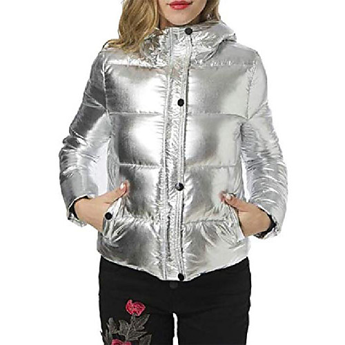 

womens pocket puffer casual metallic hoodid quilted down outerwear coats jacket silver m