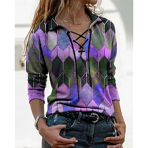 

Women's Christmas T shirt Color Block Tie Dye Long Sleeve Print V Neck Tops Christmas Basic Top Blue Purple Red