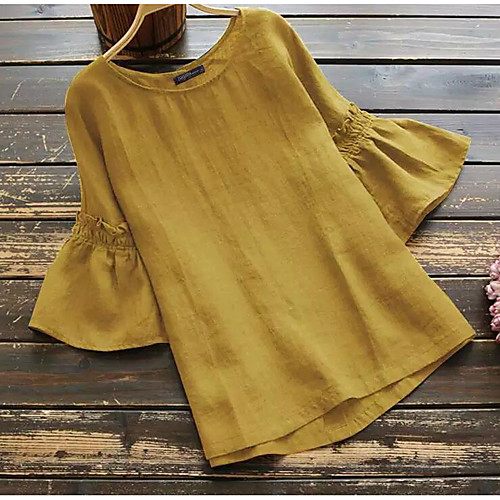 

Women's Blouse Shirt Plain Patchwork Round Neck Tops Cotton Basic Elegant Basic Top White Black Yellow