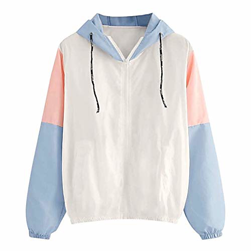 

women long sleeve patchwork hooded zipper pockets casual sport coat