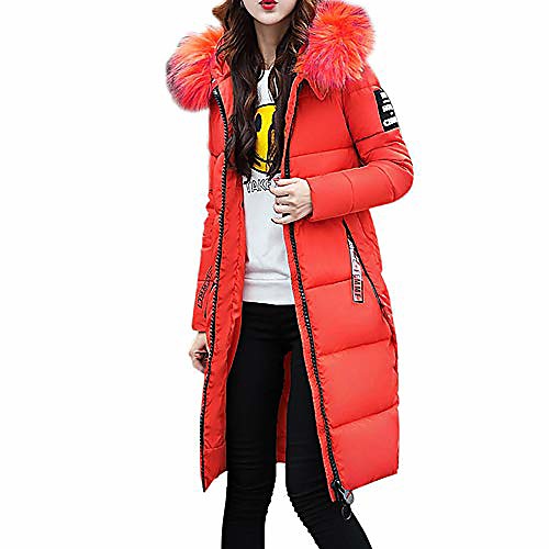 

women girls down coat solid thick faux fur collar parka jacket winter slim long zipper overcoat(orange,m)