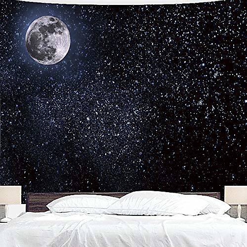 

black tapestry wall hanging moon stars tapestry starry sky tapestries for bedroom living room decoration(90×60)