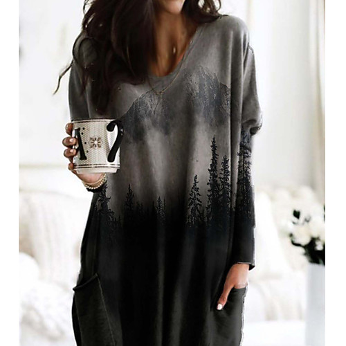 

Women's Swing Dress Short Mini Dress Black Long Sleeve Print Fall Round Neck Casual 2021 S M L XL XXL 3XL