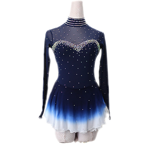 

Figure Skating Dress Women's Girls' Ice Skating Dress Dark Navy Patchwork Asymmetric Hem Spandex High Elasticity Competition Skating Wear Crystal / Rhinestone Long Sleeve Ice Skating Figure Skating