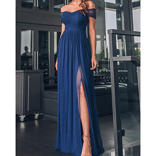 

A-Line Minimalist Sexy Wedding Guest Formal Evening Dress Off Shoulder Sleeveless Floor Length Tulle with Pleats Split 2021