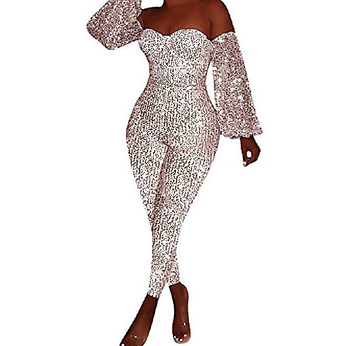 

women sexy sparkly sequin jumpsuits off shoulder long sleeve backless bodycon long pants rompers pink large