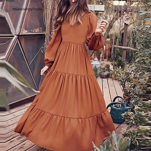 

Women's A Line Dress Maxi long Dress Black Green Brown Long Sleeve Solid Color Patchwork Fall Winter Round Neck Casual 2021 M L XL XXL 3XL 4XL 5XL