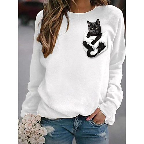 

Women's Pullover Sweatshirt Cat Graphic 3D Daily Basic Casual Hoodies Sweatshirts White Black