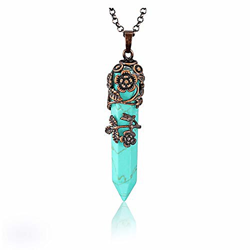 

jovivi antique brass rose flower wrapped synthetic green turquoise healing crystal necklace hexagonal prism pointed quartz yoga energy chakra gemstone pendant pendulum divination jewelry