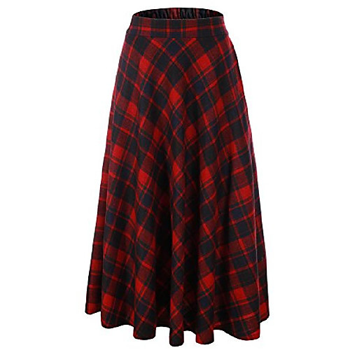 

women flared plaid a-line winter wool blend midi long skirt grey plaid