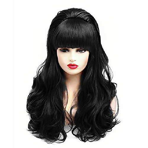 

long wavy black wig with bang big bouffant beehive wigs for women fits 80s costume or halloween party