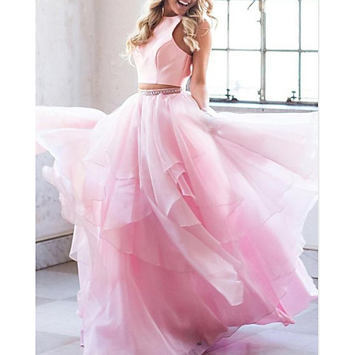 

A-Line Minimalist Elegant Engagement Prom Dress Jewel Neck Sleeveless Floor Length Satin with Tier 2021