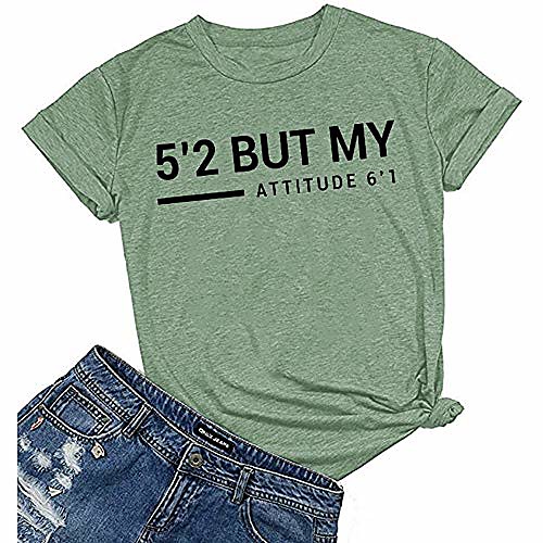 

women's short sleeve funny 5'2 but my attitude 6'1 letter casaul t shirt teen girls top tee (olive green, l)