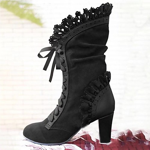 

Women's Boots Chunky Heel Round Toe Mid Calf Boots Daily Walking Shoes PU Lace-up Solid Colored Black Red Brown / Mid-Calf Boots