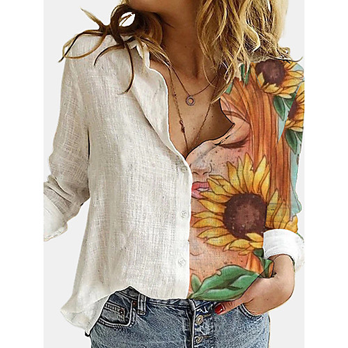 

Women's Blouse Shirt Floral Sunflower Long Sleeve Print Shirt Collar Tops Basic Basic Top White