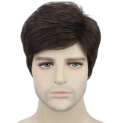 

short brown synthetic hair wigs for men subtle wavy side parting natural looking men's wig (#4)