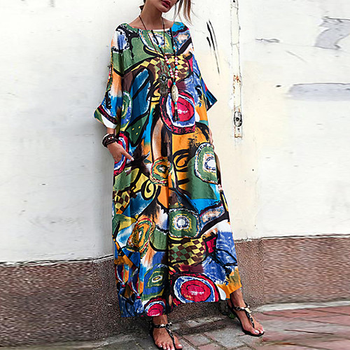 

Women's Swing Dress Maxi long Dress Red Green 3/4 Length Sleeve Rainbow Print Patchwork Print Fall Round Neck Boho 2021 S M L XL XXL 3XL 4XL 5XL / Plus Size