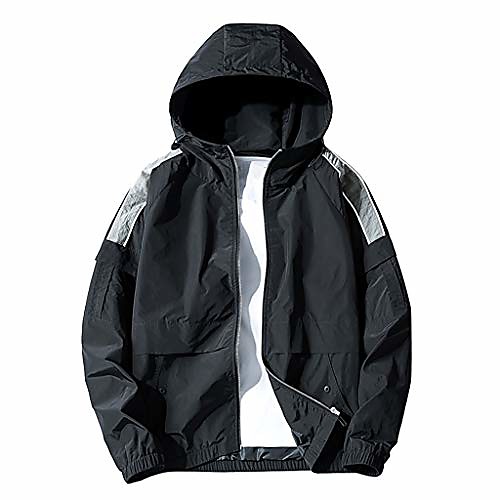 

men's autumn casual solid front-zip hooded lightweight watertight windbreaker breathable rain jackt(black,xxl)