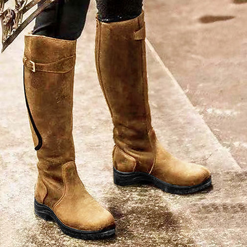 

Women's Boots Riding Boots Flat Heel Round Toe Knee High Boots Vintage Daily PU Buckle Solid Colored Black Yellow Blue