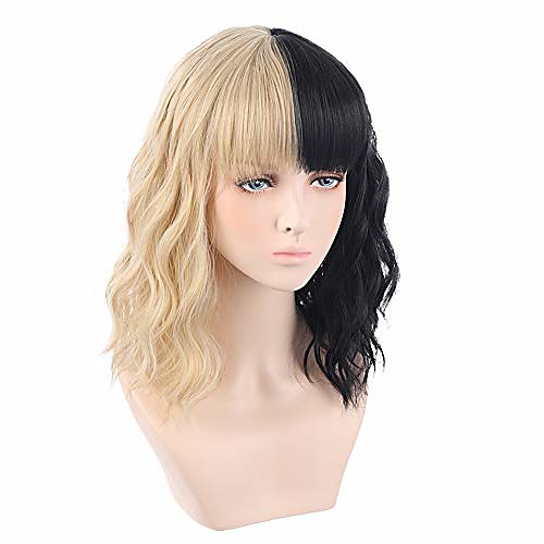 Short Curly Wavy Wig For Women Half Blonde Half Black 2 Tone Dyed Halloween Cosplay Party Costume Synthetic Wig Half Blonde Half Black 21 Us 14 29