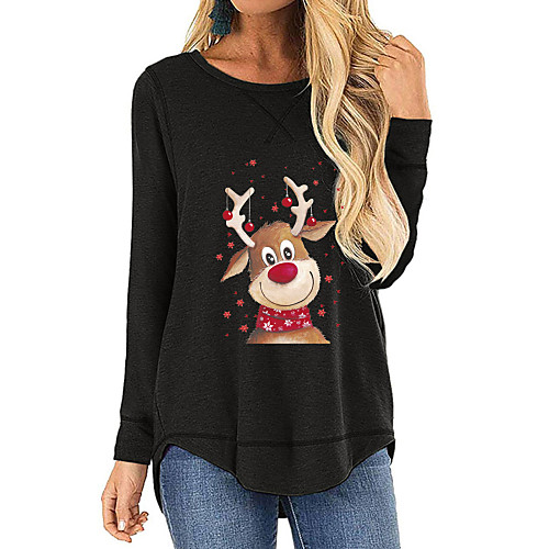 

Women's Blouse Shirt Graphic Prints Long Sleeve Print Round Neck Tops Cotton Basic Christmas Basic Top Black Blue Army Green