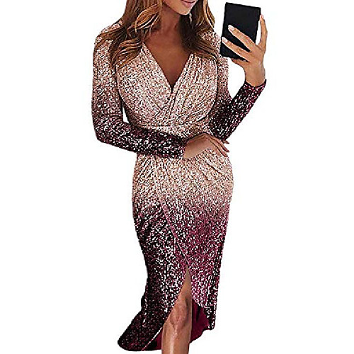 

Women's Prom Dress sparkly sequin sexy deep v neck long sleeve bodycon wrap ruched irregular side split gradient color midi dress rose gold