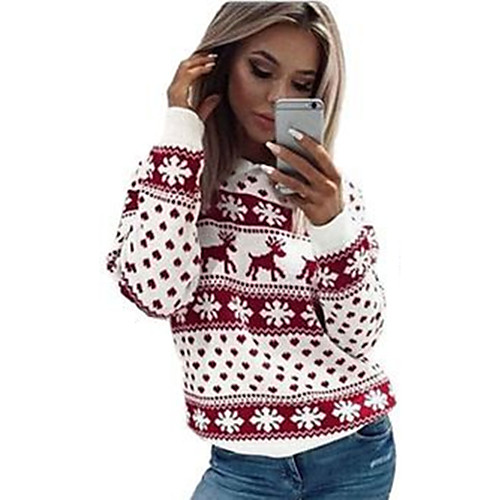 

Women's Knitted Animal Pullover Long Sleeve Sweater Cardigans Crew Neck Fall Winter Black Red